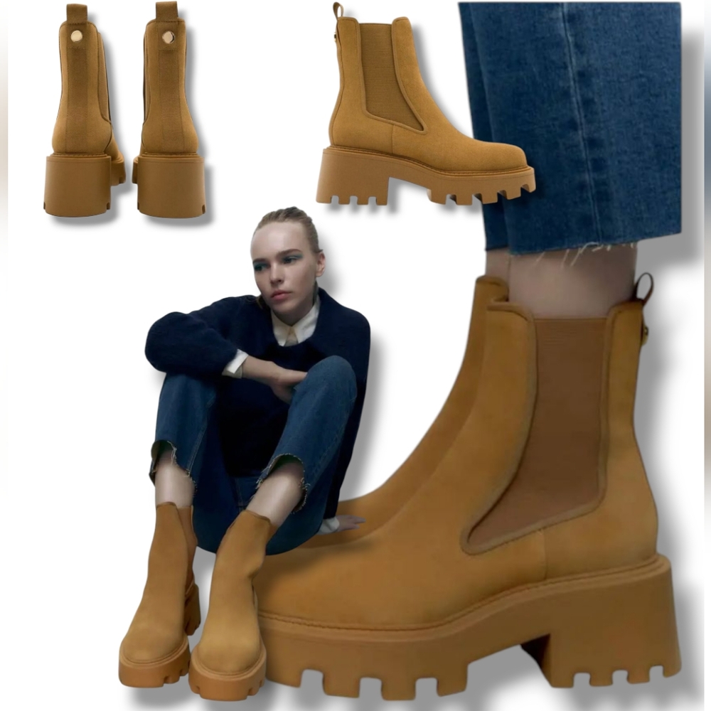 ZARA Women's Tan Real Leather Suede Platform Chelsea Boots